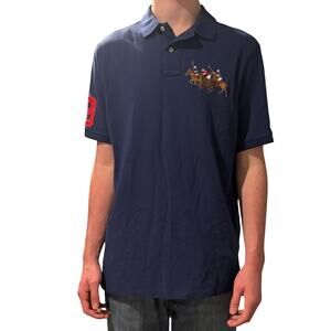 Ralph Lauren Polo Classic Fit Triple-Pony "3" Patch Mesh Polo Shirt Navy Large